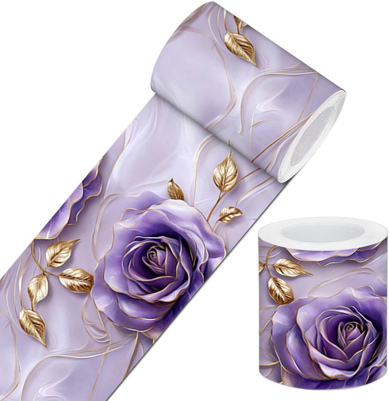 IVN Wallpaper Border Peel and Stick Wall Accent 4x196 Inch PVC Purple Rose Gold Leaf Pattern Self Adhesive Decorative Wall Trim for Living Room Bedroom Hallway Elegant Romantic Style - Image 1